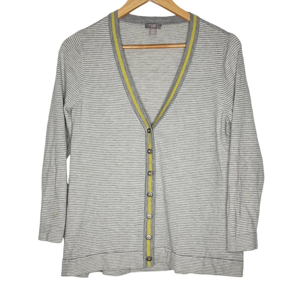 J. Jill Medium Petite Gray Striped Wool Blend Women's Button Down V-Neck Sweater